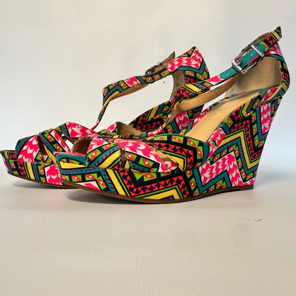Gianni Bini Wedges Size‎ 6.5M Colorful Fabric Platform Ankle Strap Heels Shoes